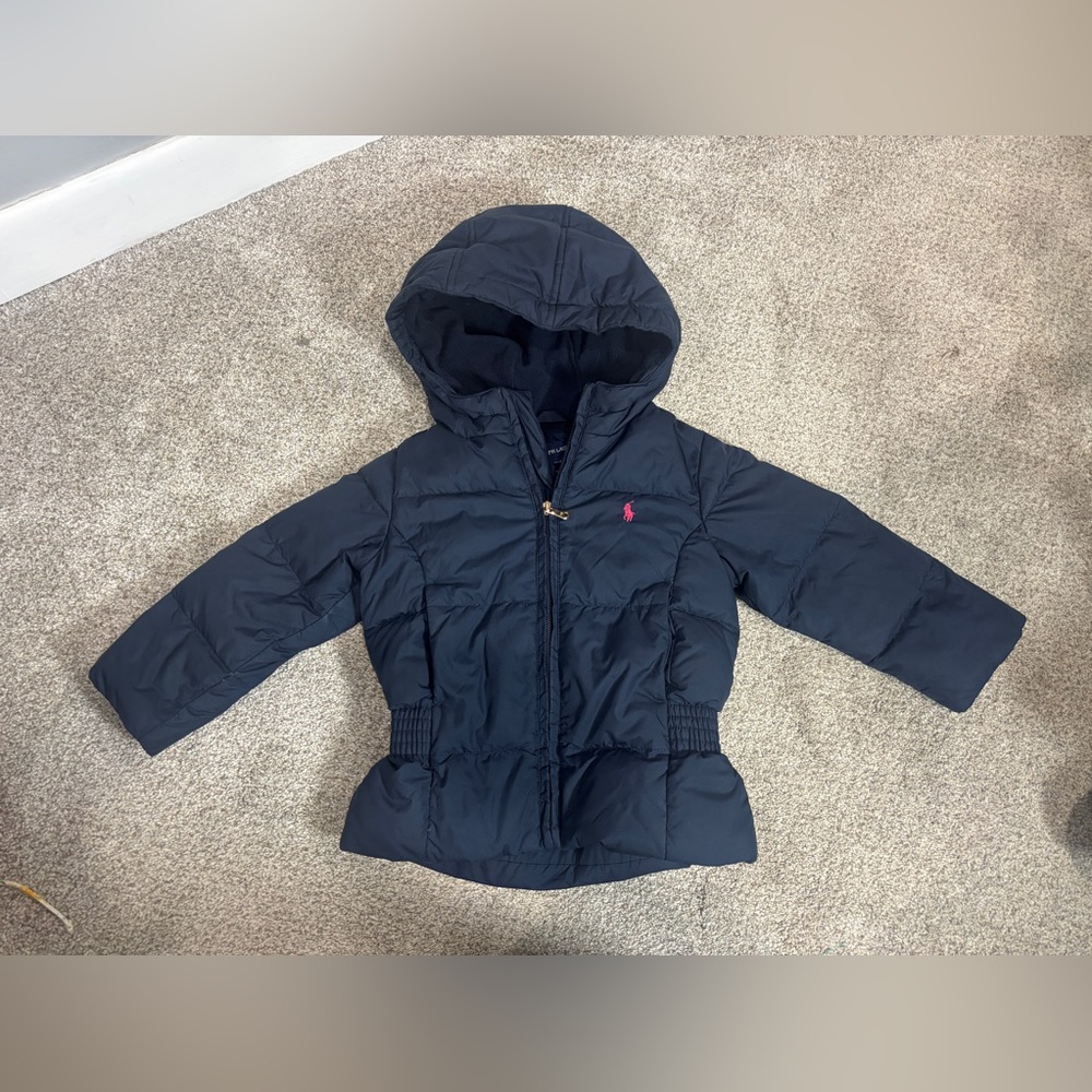 Ralph Lauren Navy Hooded Puffer Jacket with Pink Pony